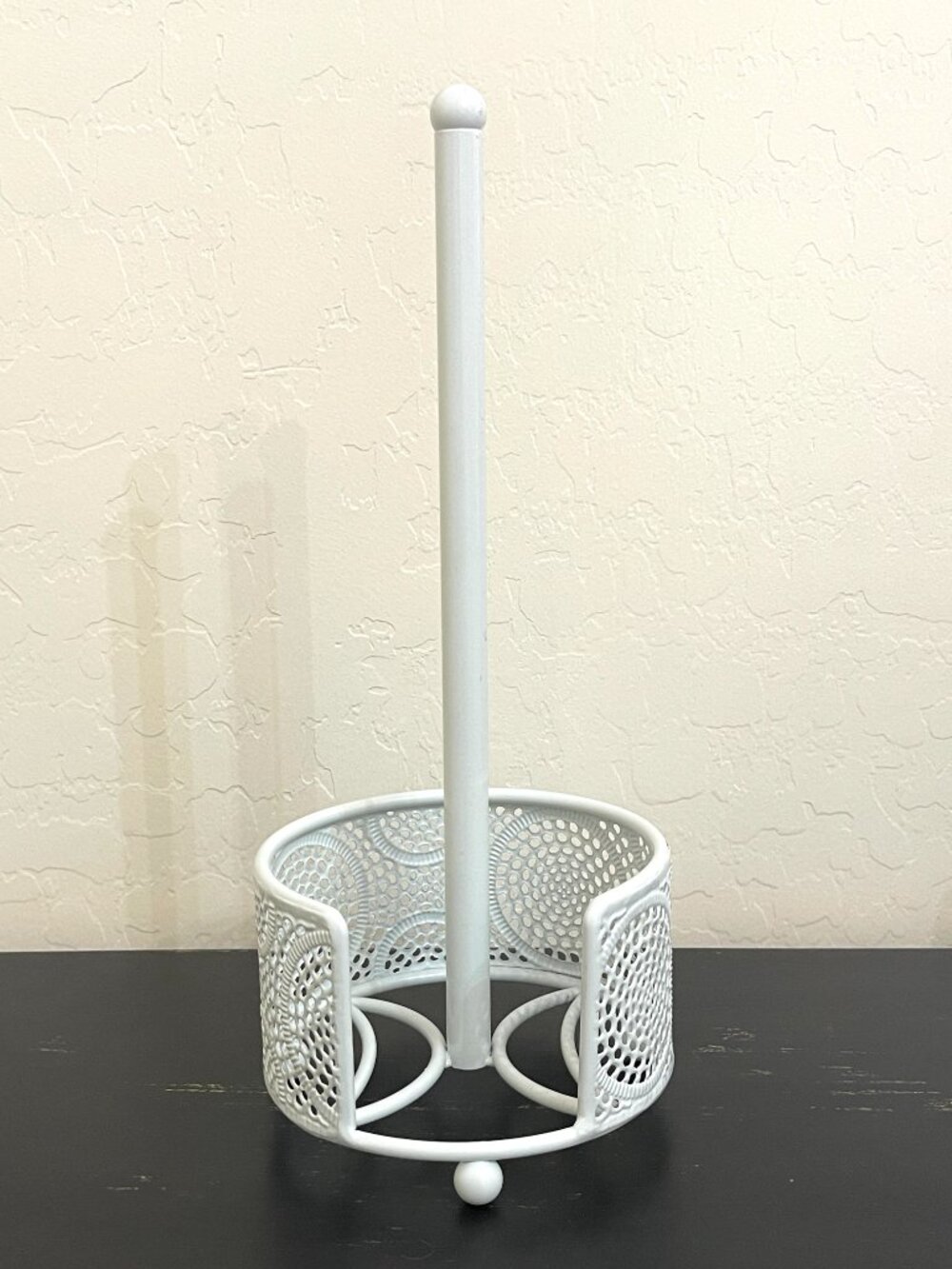 Paper Towel Holder Stand White Metal Cut Out Circle Design